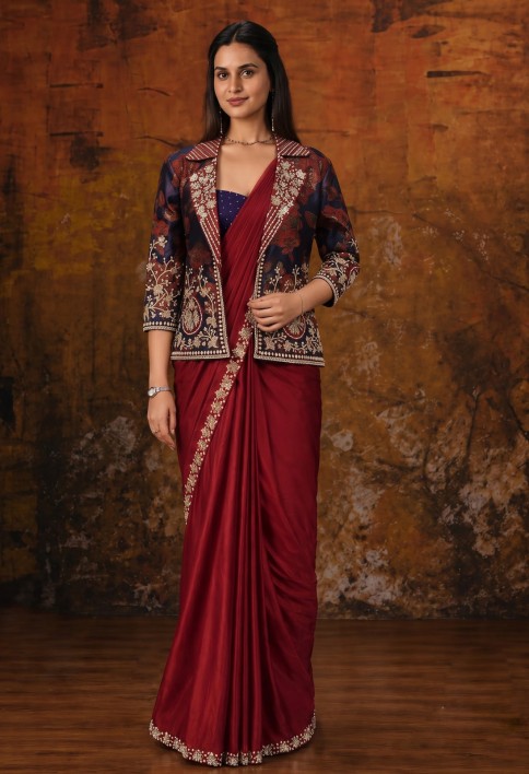 Maroon Embroidered Wedding Party Designer Saree